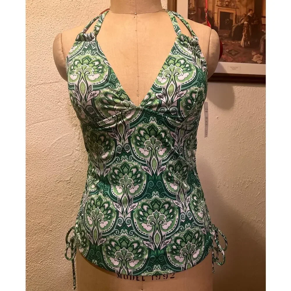 Green Paisley Ribbed V-neck Cutout Back Tankini Top NWT Size L (Runs Small)